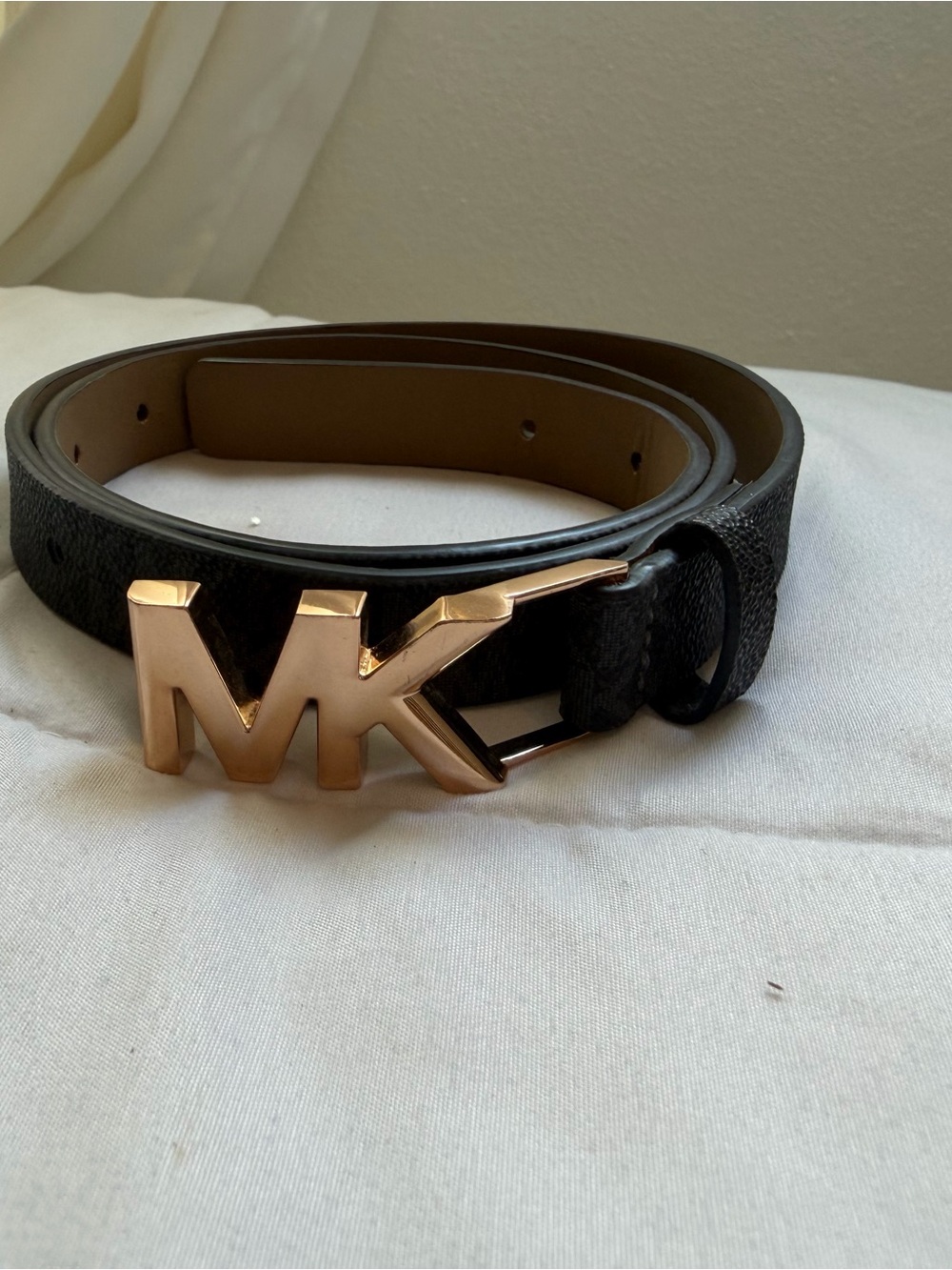 Michael Kors Black Leather Belt with Rose Gold MK Buckle